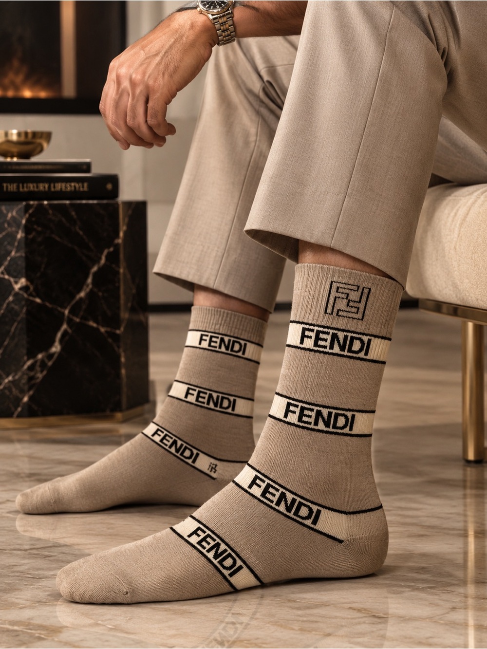 Fendi Beige Crew Socks with Black Logo Stripes